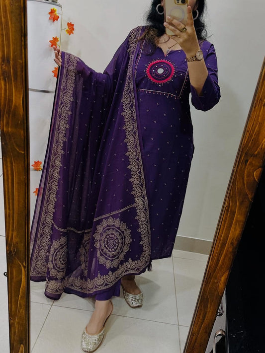 Elegant Purple Cotton Embroidered Suit Set with Dupatta