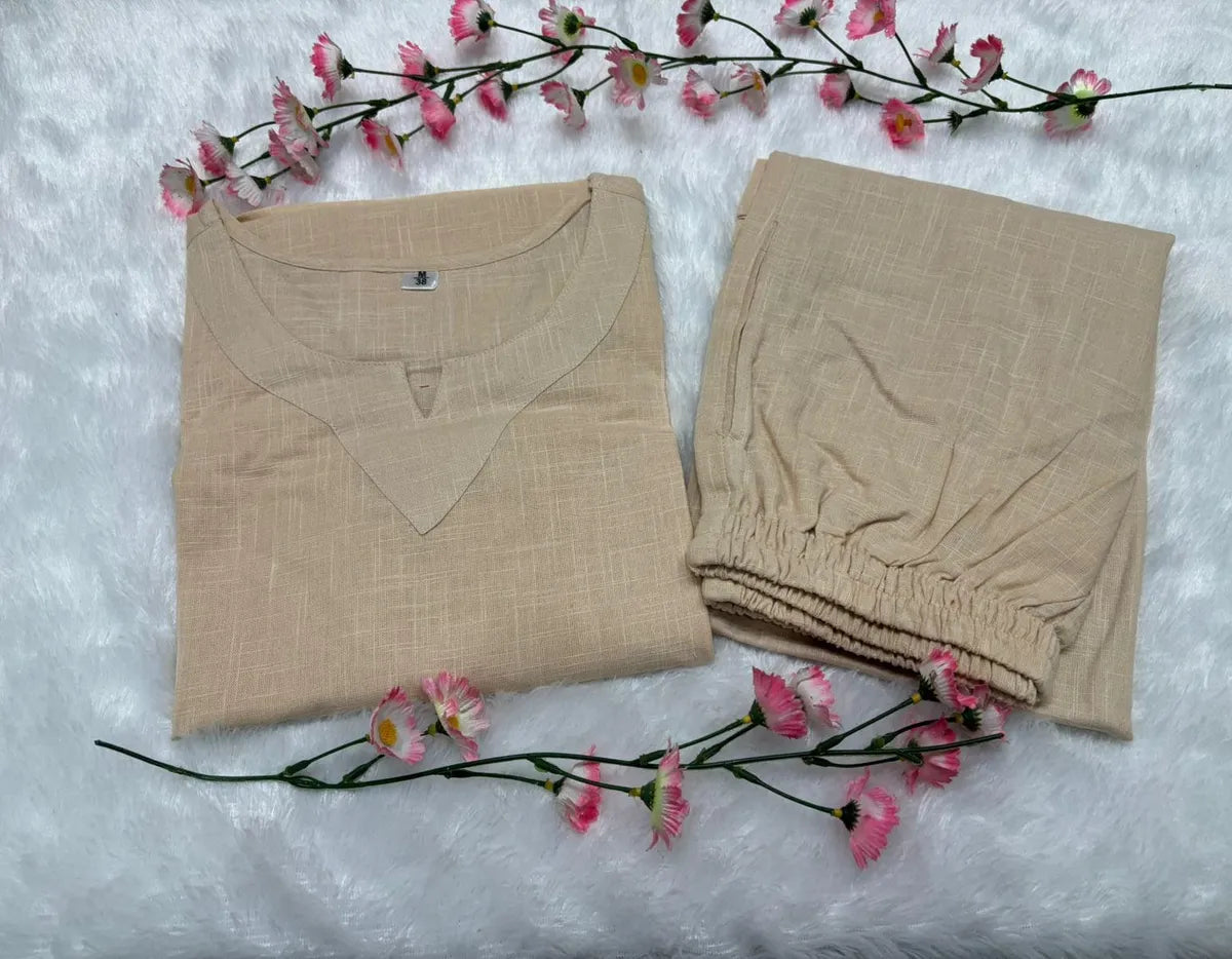 Off-White Cotton Casual Loose Kurti and Palazzo Set for Women