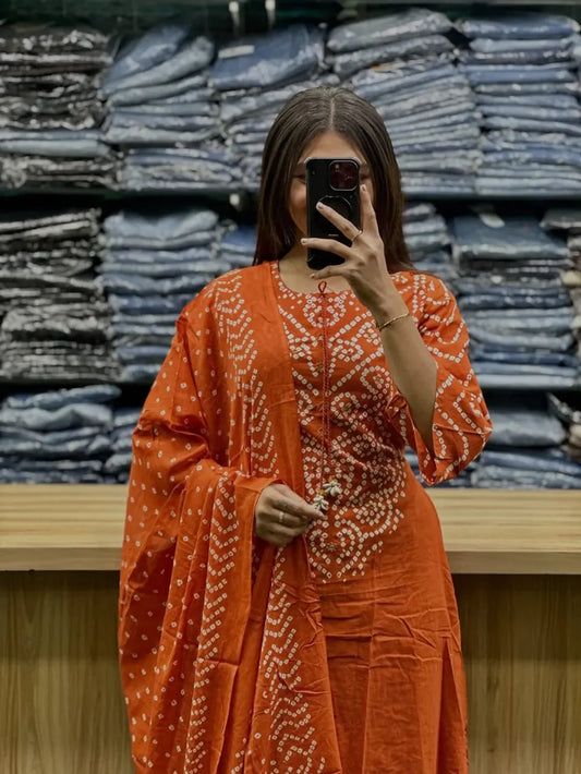 Orange Bandhani Print Kurta Set with Dupatta