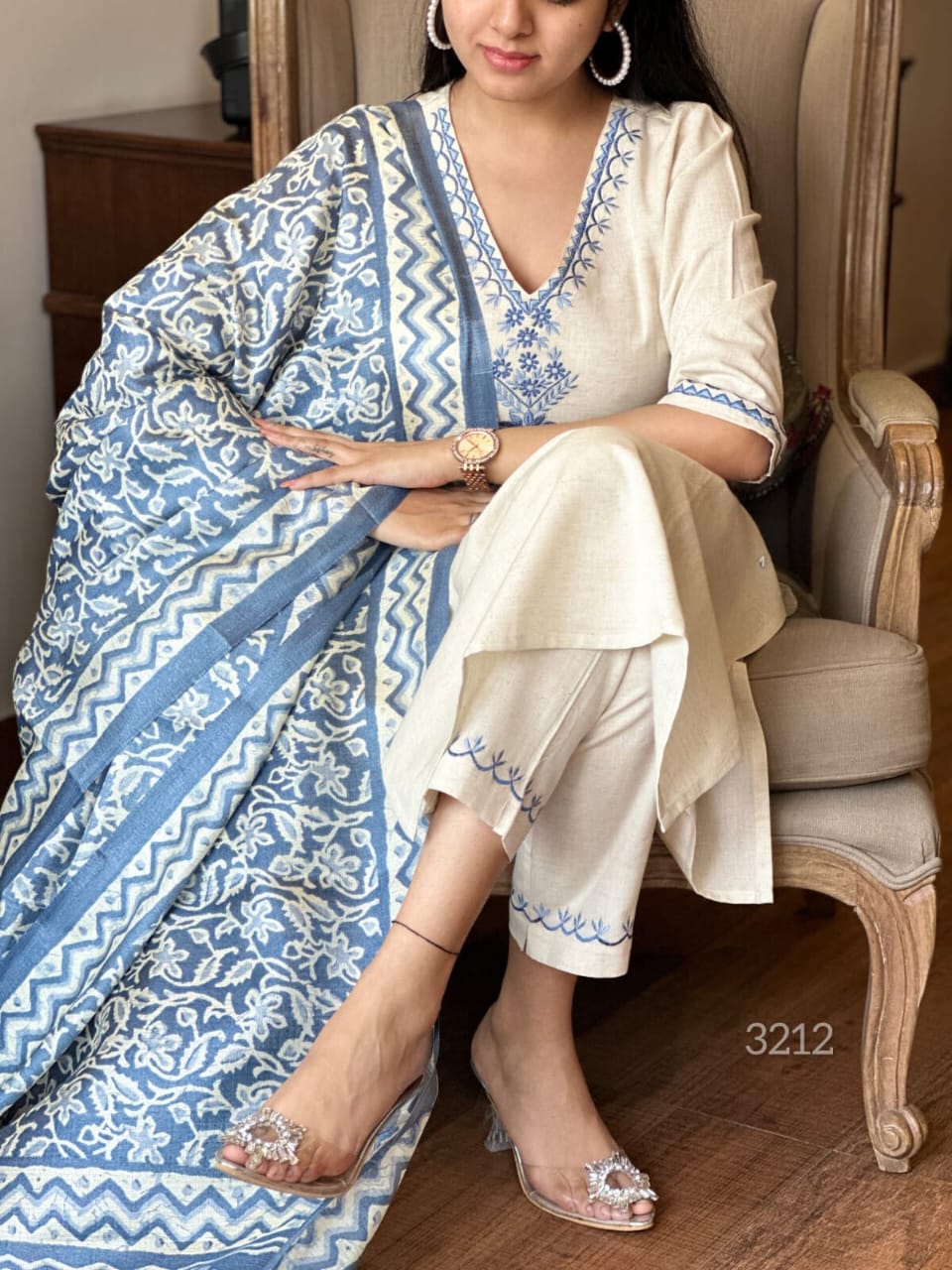 Off White Embroidered Cotton Flex Suit Set With Cotton Silk Dupatta