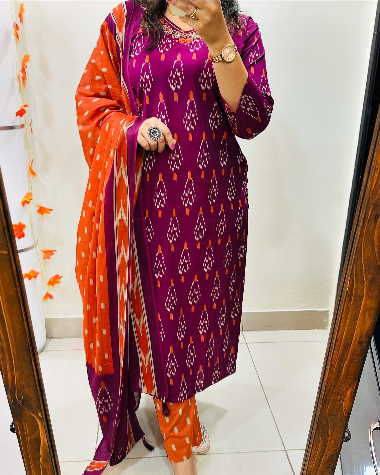 Ikkat Print With Kurti Pant & Dupatta Set For Women