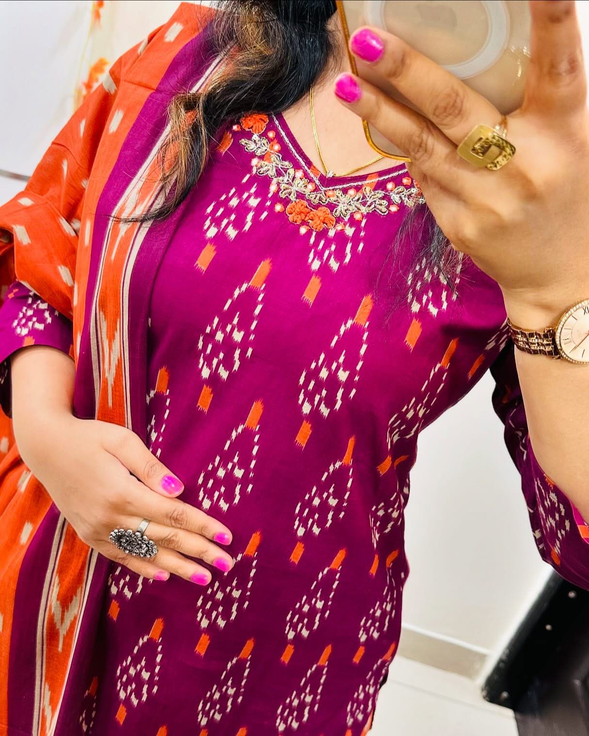 Ikkat Print With Kurti Pant & Dupatta Set For Women