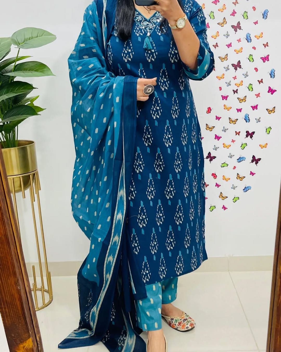 Ikkat Print With Kurti Pant & Dupatta Set For Women( Blue )