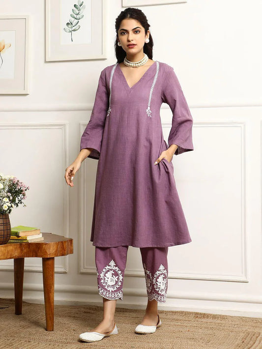 Elegant Mauve Cotton Kurta Set with Chevron Dupatta