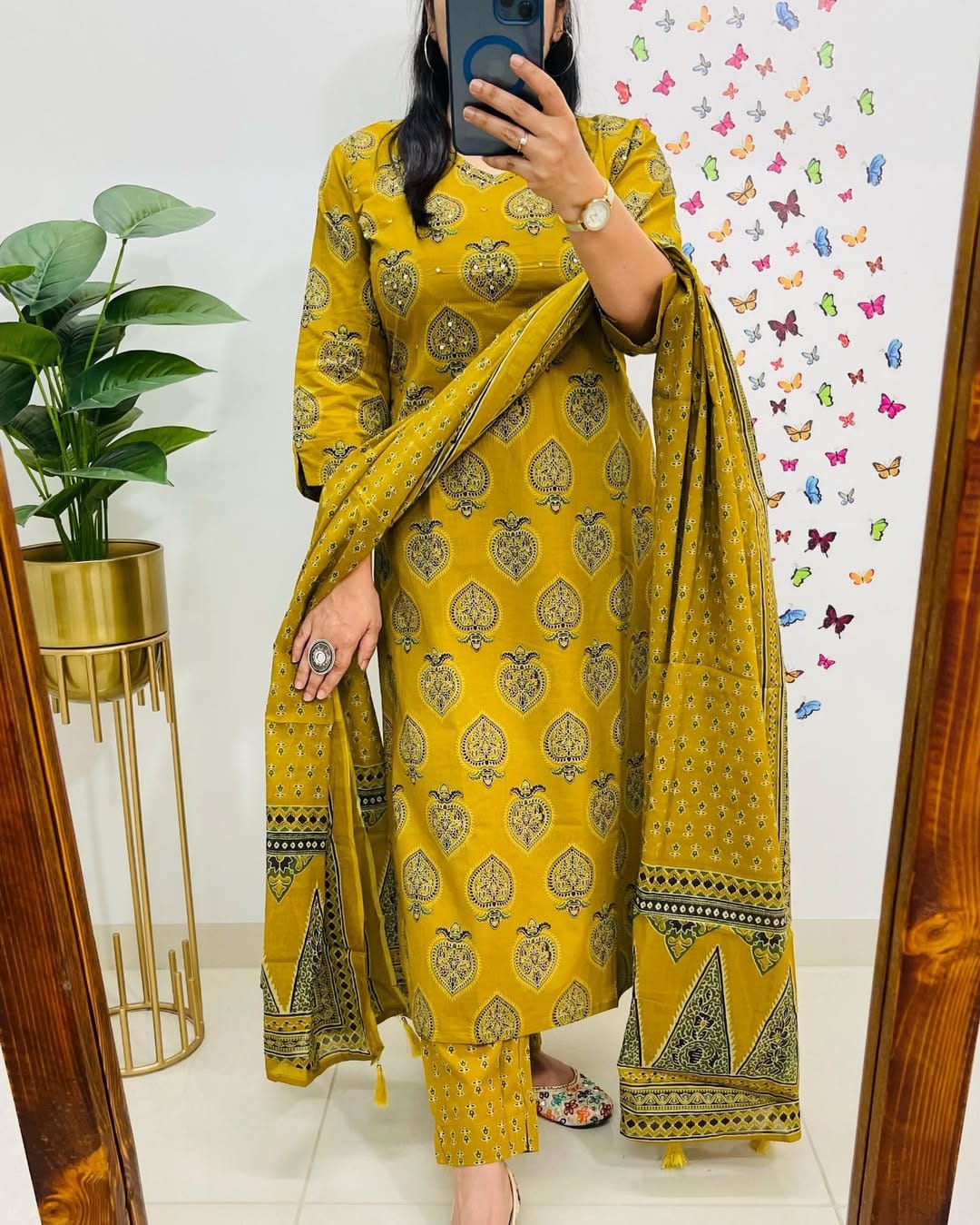 Mustard Yellow Printed Cotton Suit Set