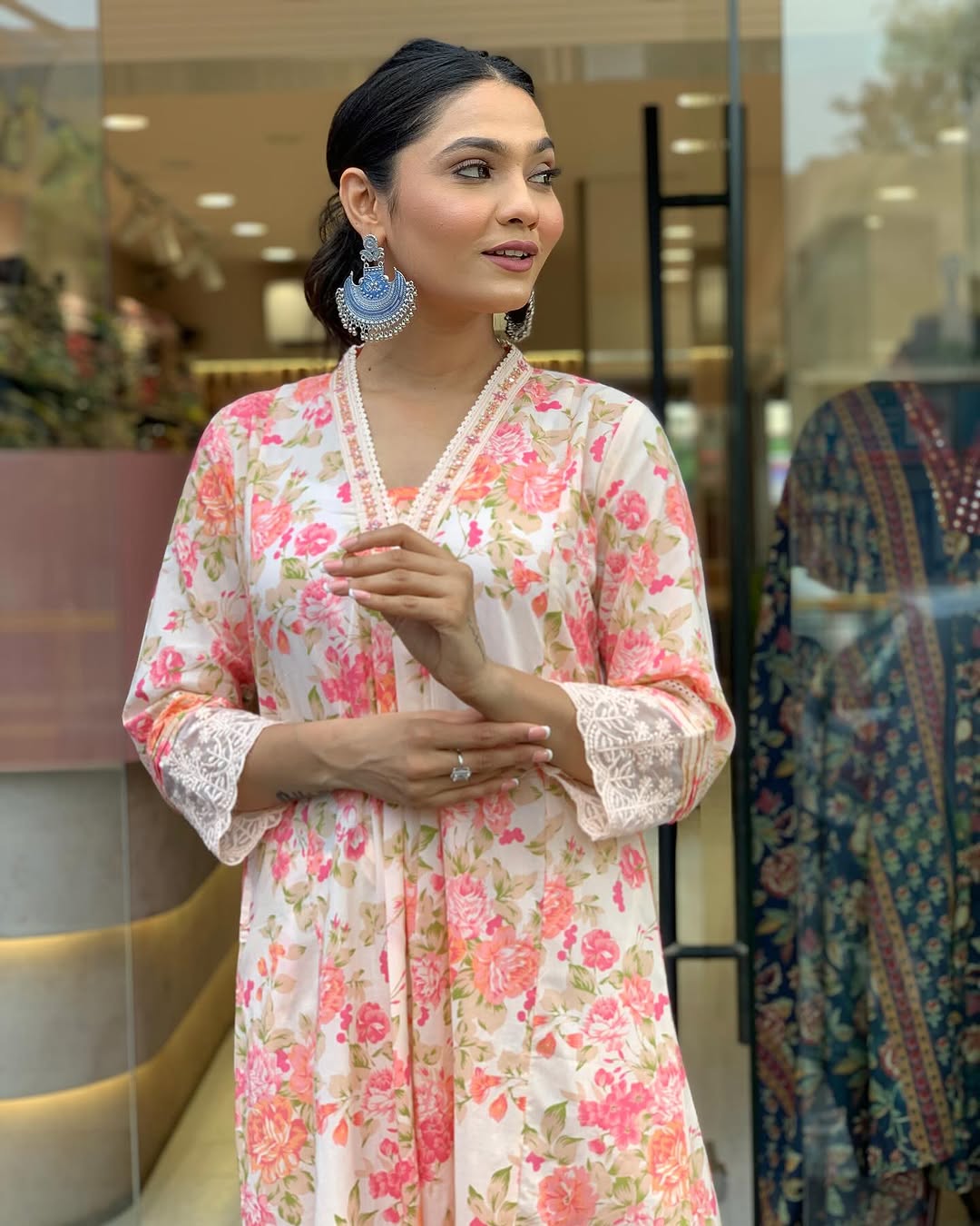 Floral Print Pure Cotton Ethnic Kurta Set With Attached Dupatta