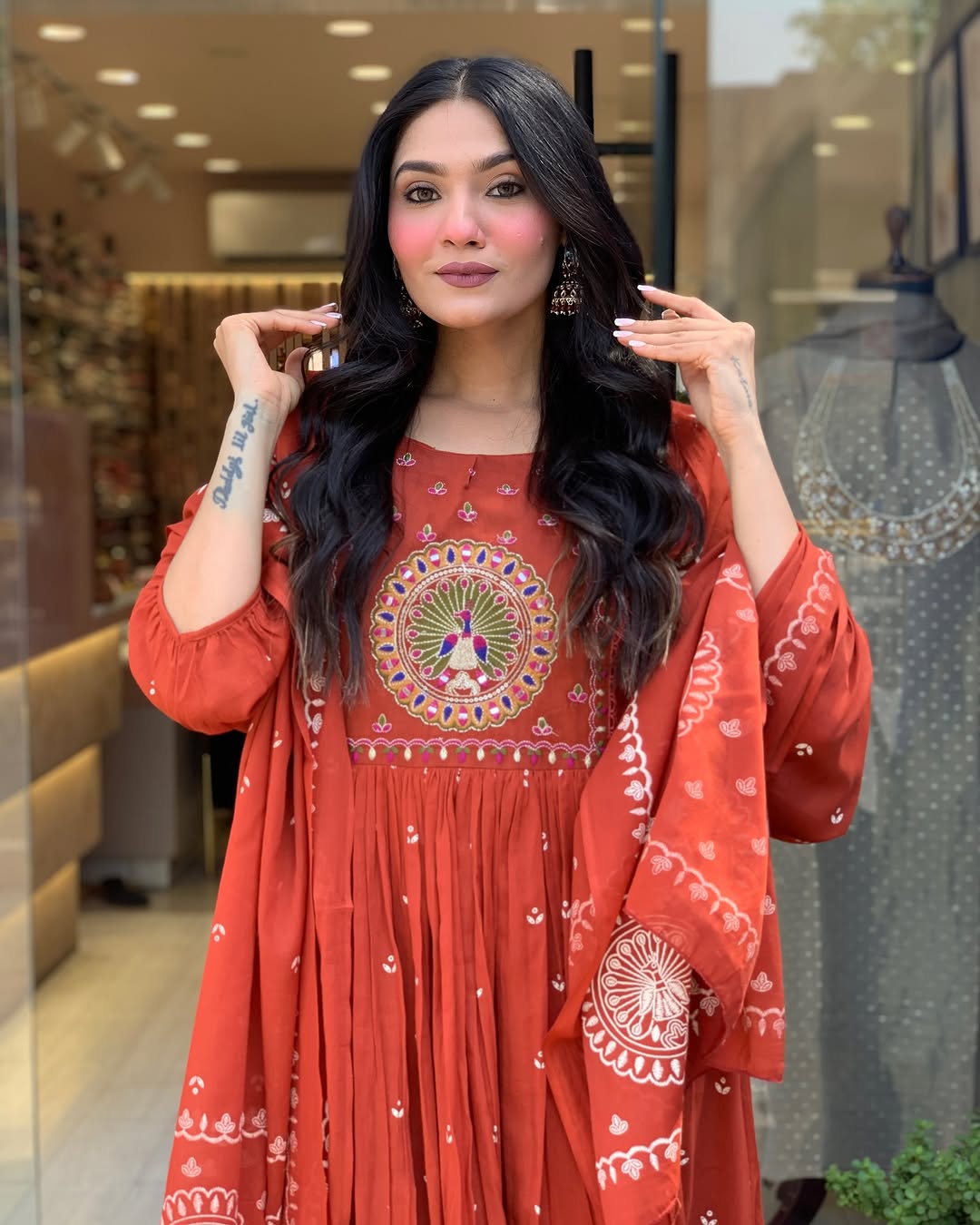 Rust Orange Embroidered Anarkali Suit with Dupatta for Women