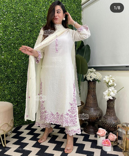 Elegant Off-White and Lavender Embroidered Lawn Suit