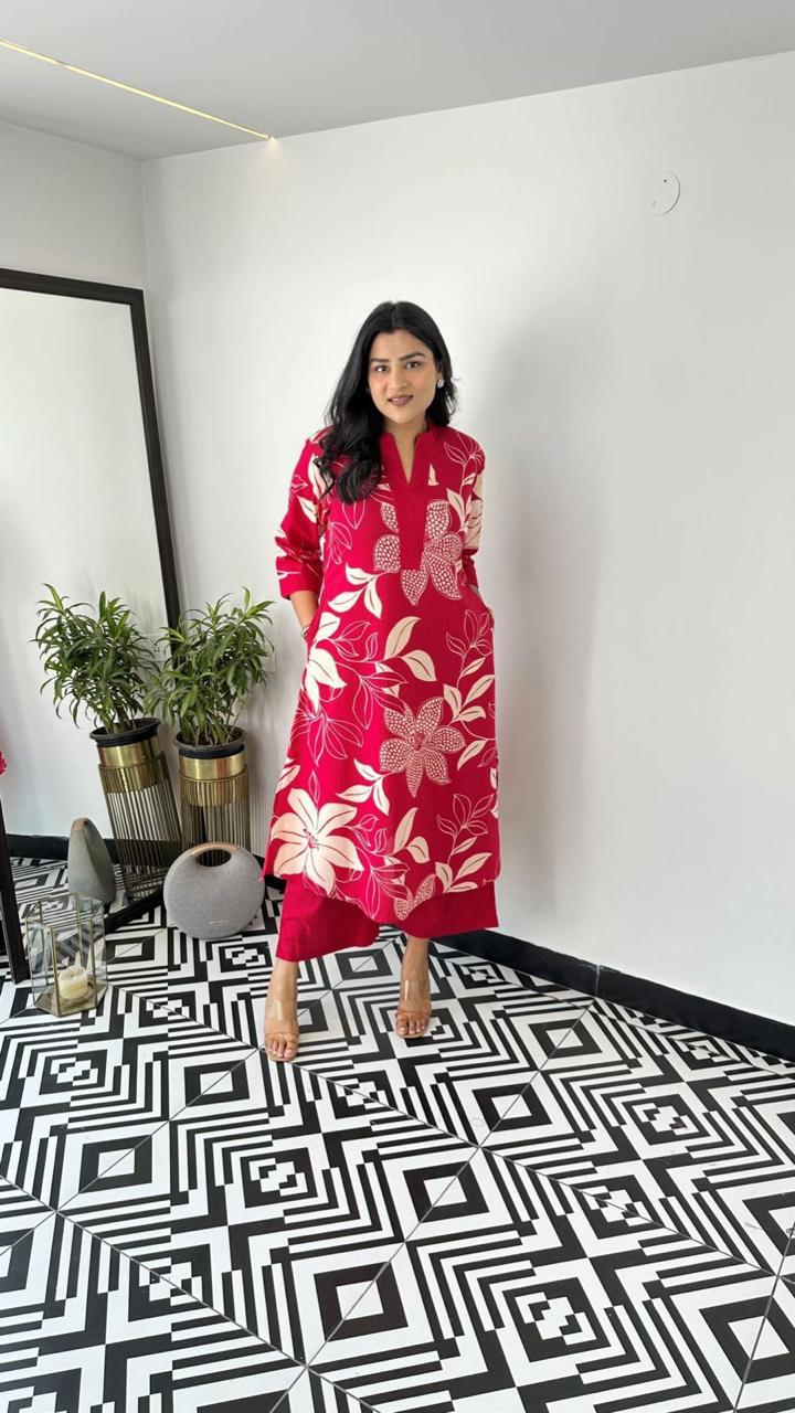 Bold Red Floral Kurta Set for Effortless Chic