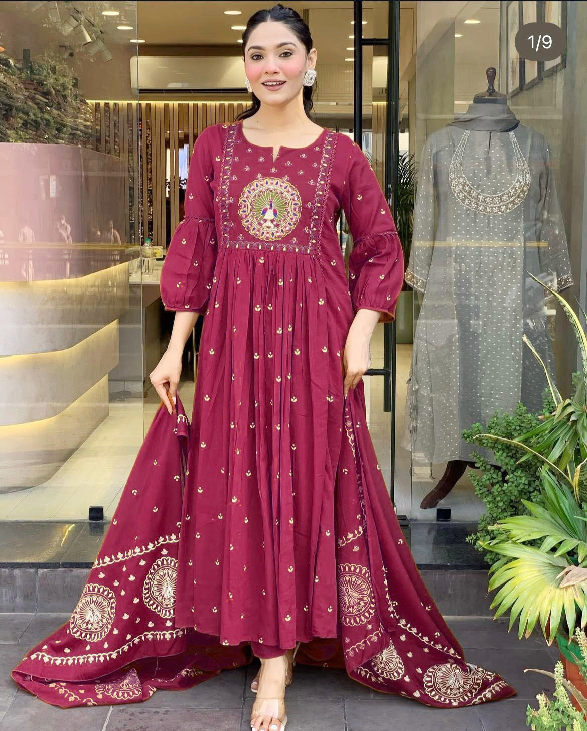 Maroon Anarkali Kurta Set with Peacock Embroidery