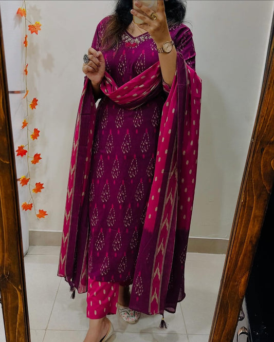 Magenta Ikat Print Cotton Kurta Set with Contrast Dupatta