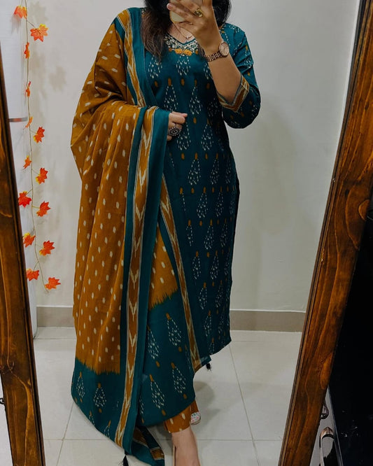 Teal and Mustard Ikat Print Cotton Kurta Set with Dupatta