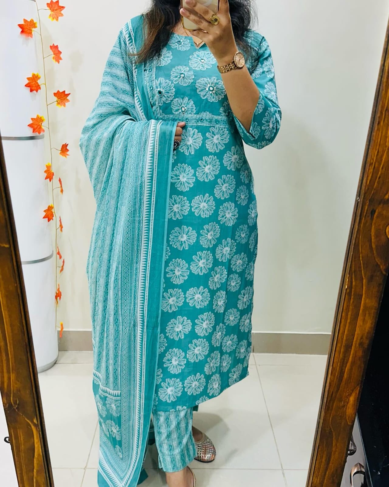 Floral Print Cotton Kurta Set with Striped Dupatta
