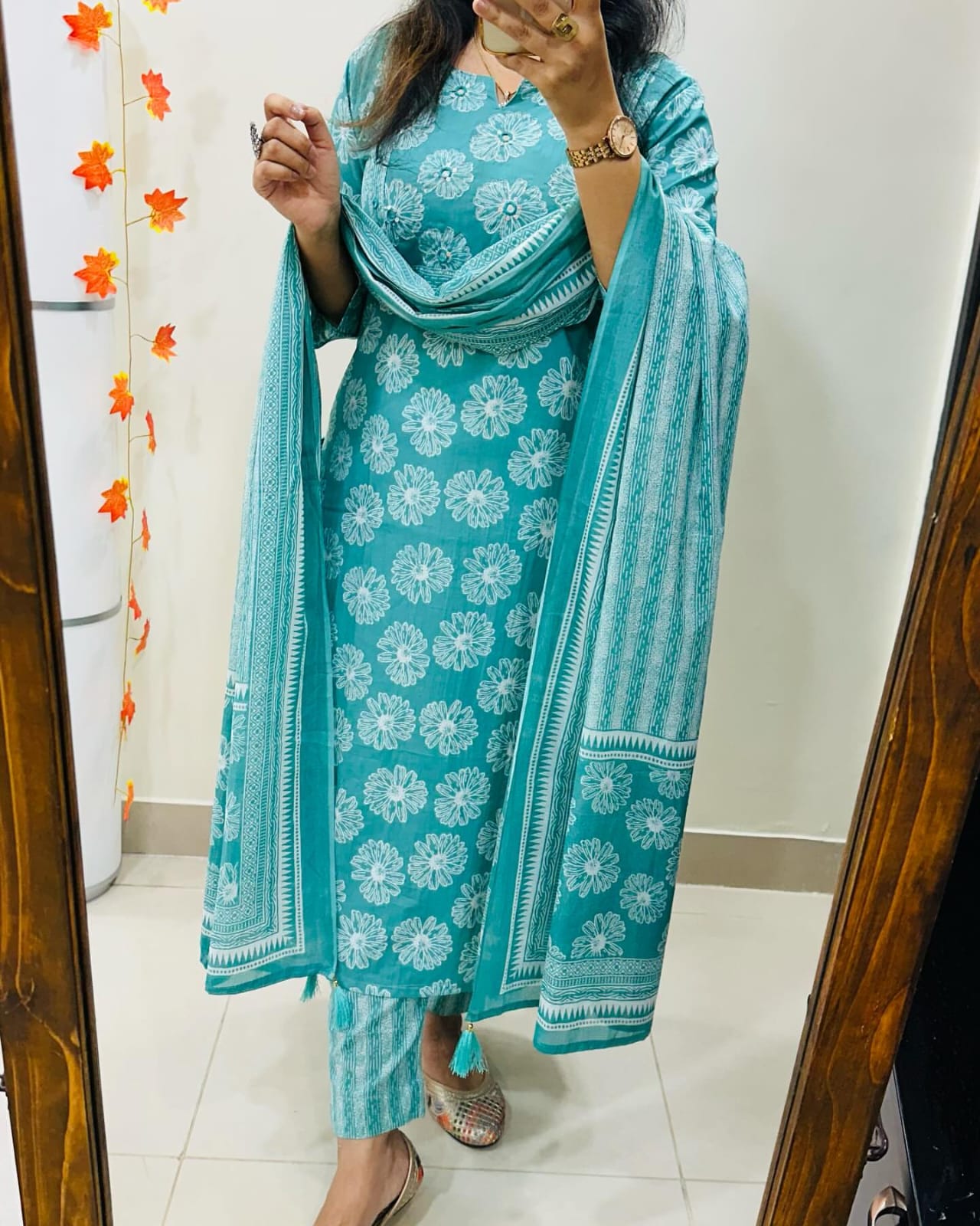 Floral Print Cotton Kurta Set with Striped Dupatta
