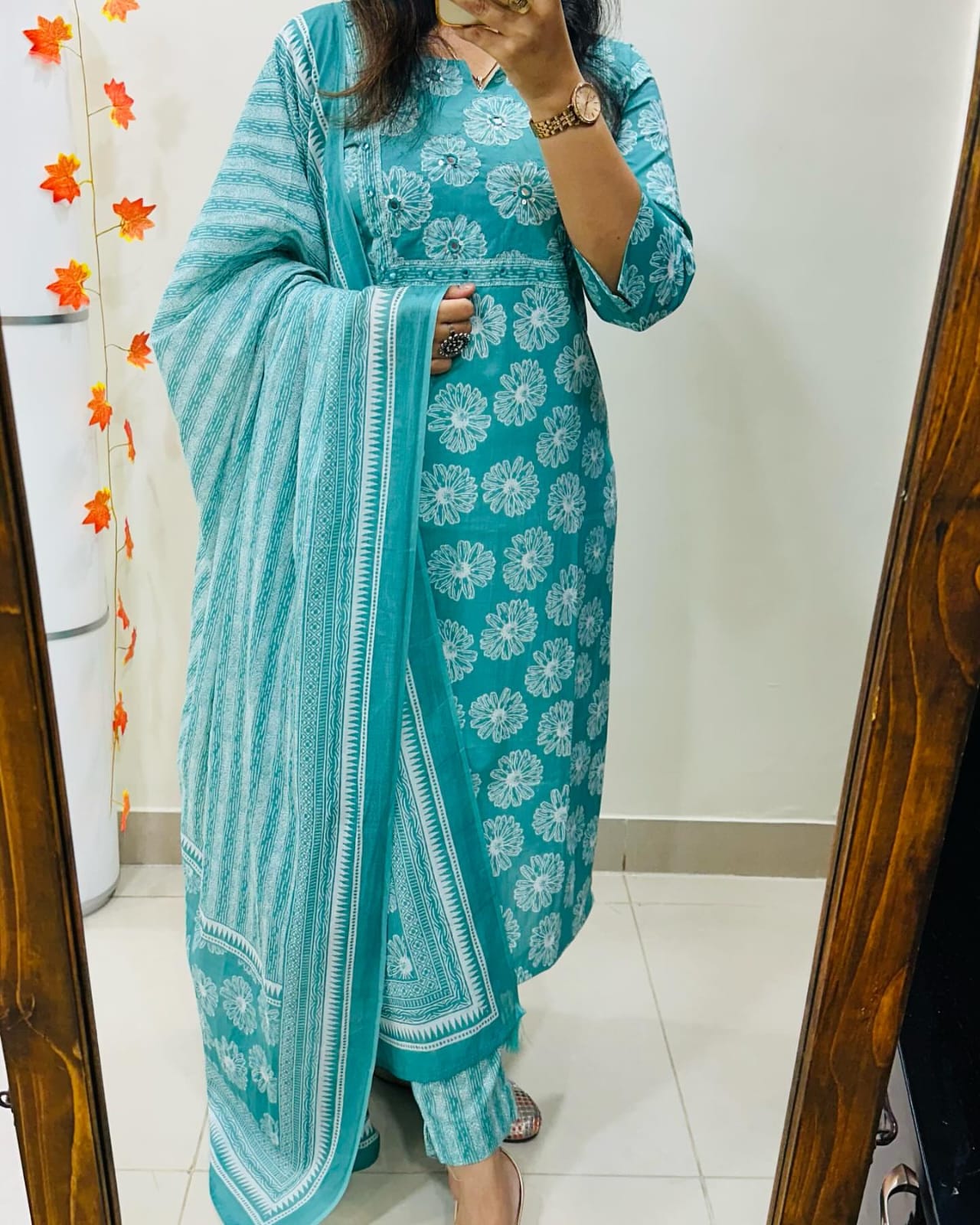 Floral Print Cotton Kurta Set with Striped Dupatta