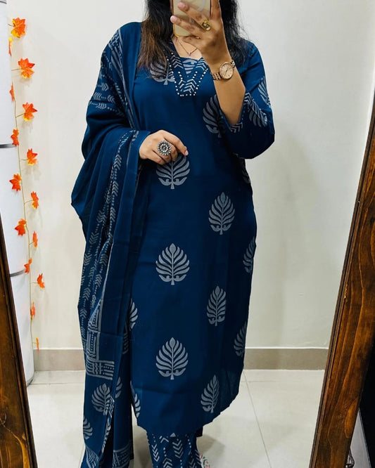 Elegant Navy Blue Cotton Kurta Set with Dupatta