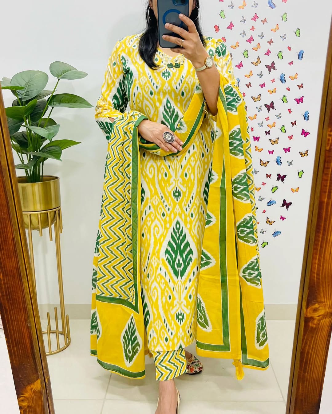 Vibrant Yellow & Green Ikat Print Cotton Suit Set with Dupatta