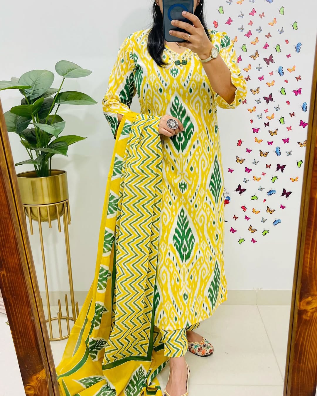 Vibrant Yellow & Green Ikat Print Cotton Suit Set with Dupatta