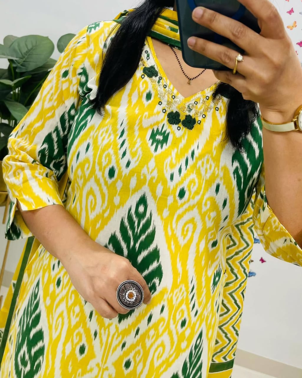 Vibrant Yellow & Green Ikat Print Cotton Suit Set with Dupatta