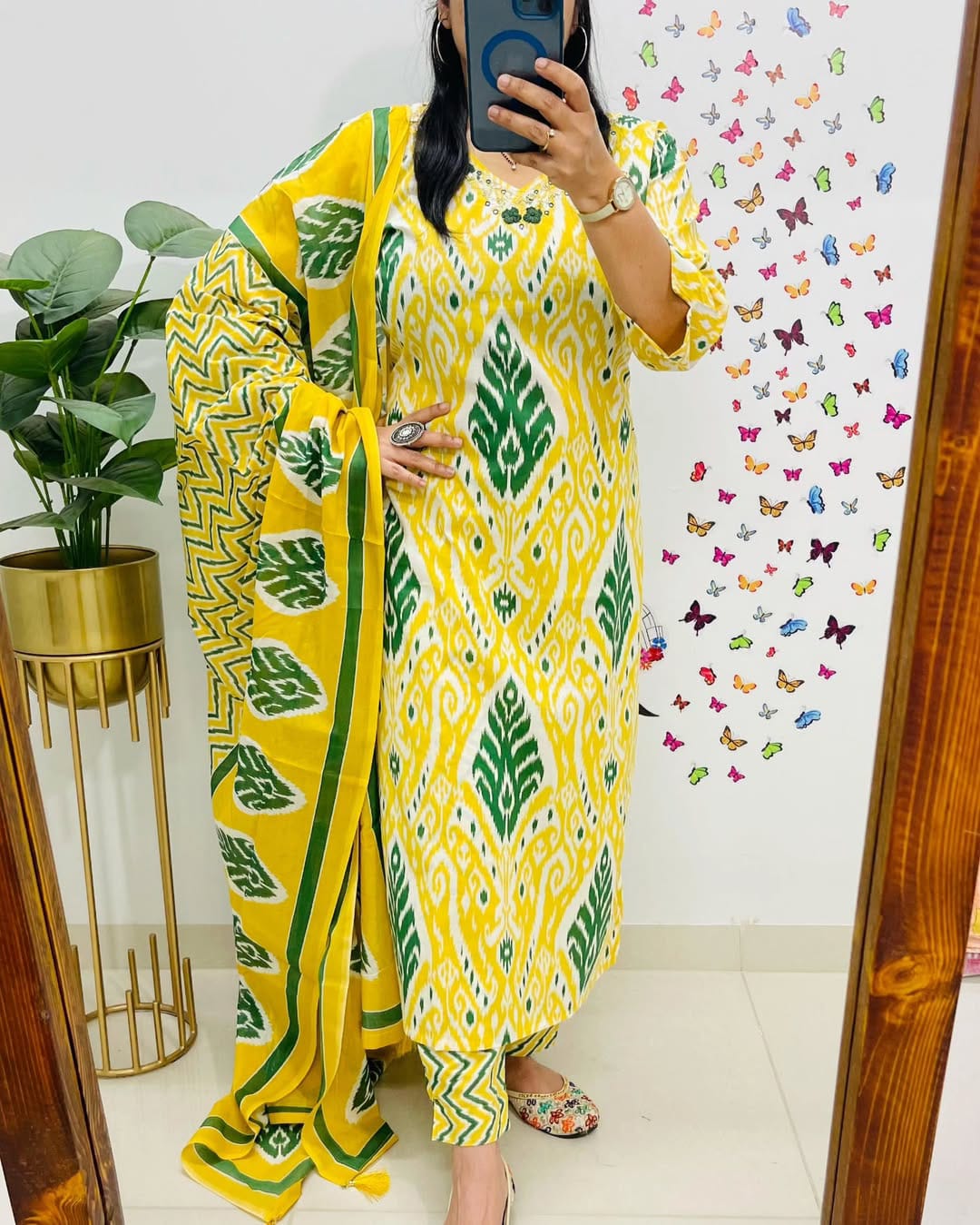 Vibrant Yellow & Green Ikat Print Cotton Suit Set with Dupatta