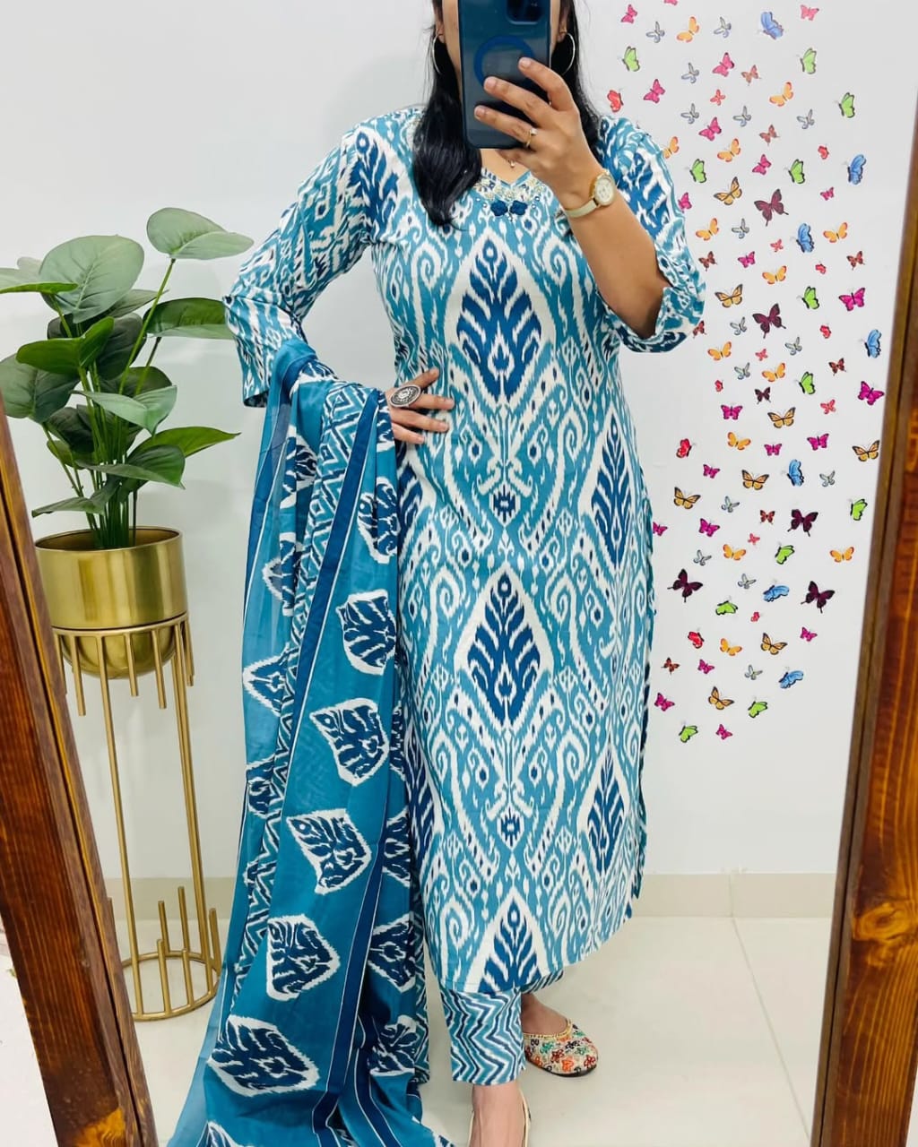 Elegant Blue Ikat Print Cotton Suit Set with Dupatta