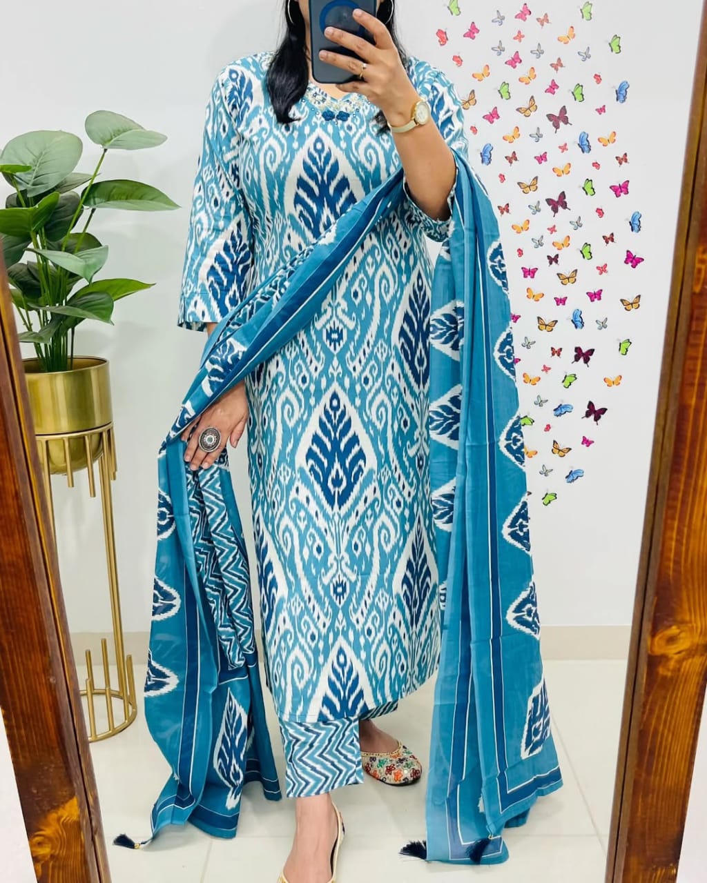 Elegant Blue Ikat Print Cotton Suit Set with Dupatta