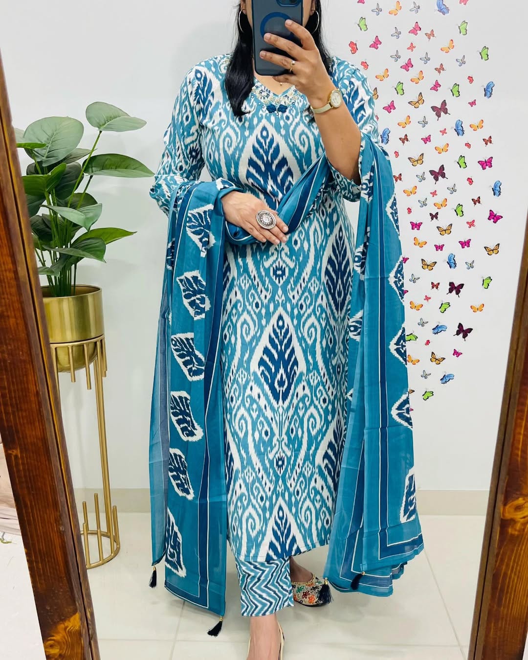 Elegant Blue Ikat Print Cotton Suit Set with Dupatta