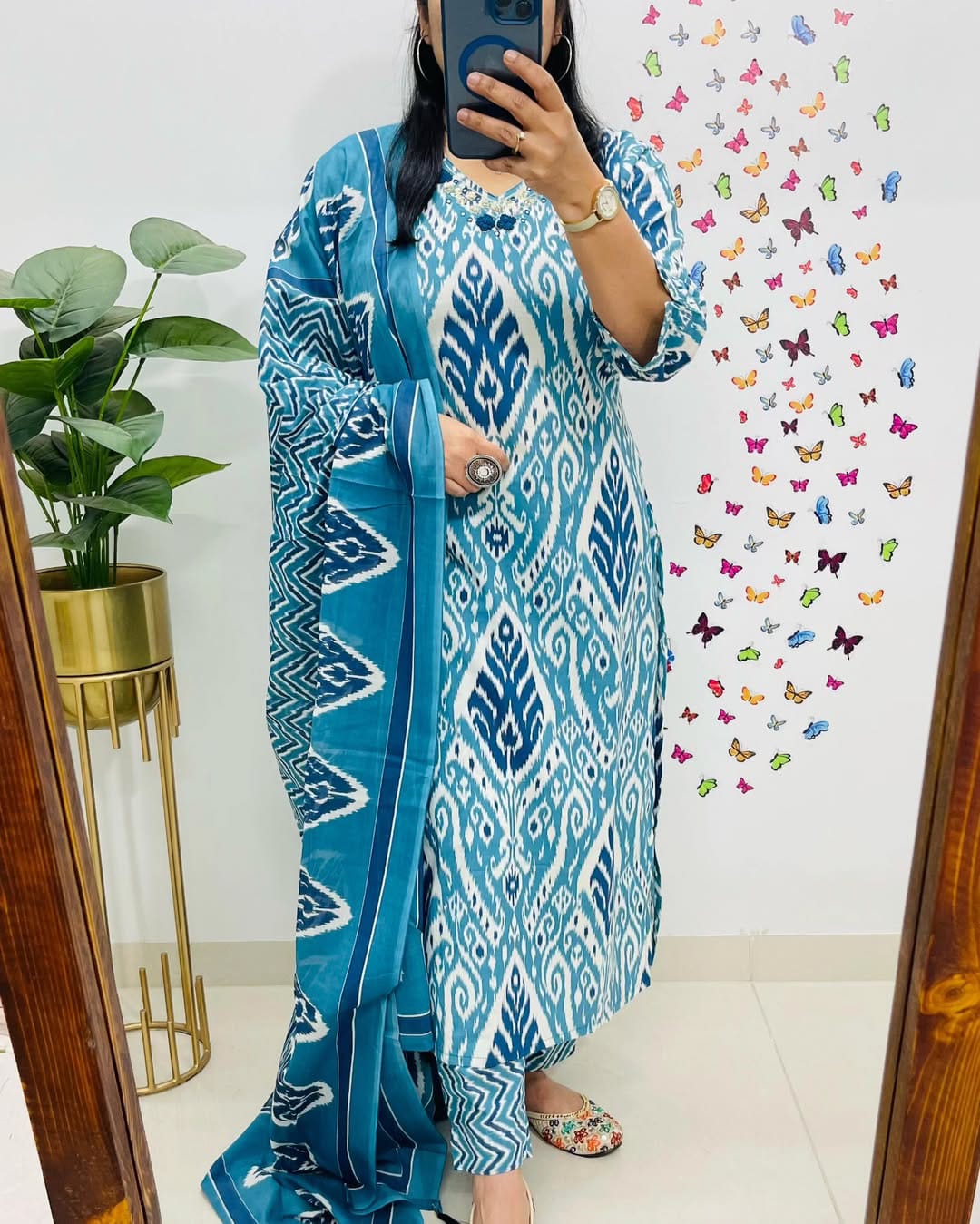 Elegant Blue Ikat Print Cotton Suit Set with Dupatta