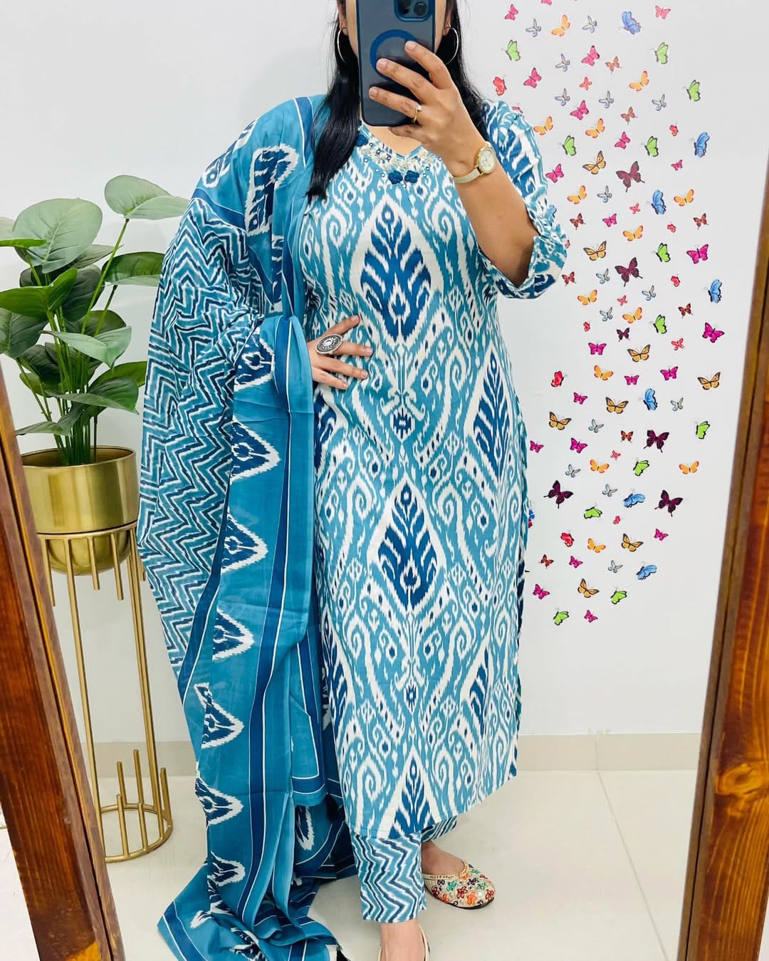 Elegant Blue Ikat Print Cotton Suit Set with Dupatta