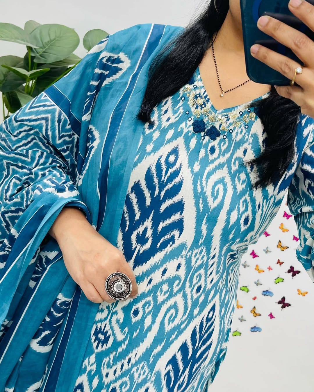 Elegant Blue Ikat Print Cotton Suit Set with Dupatta
