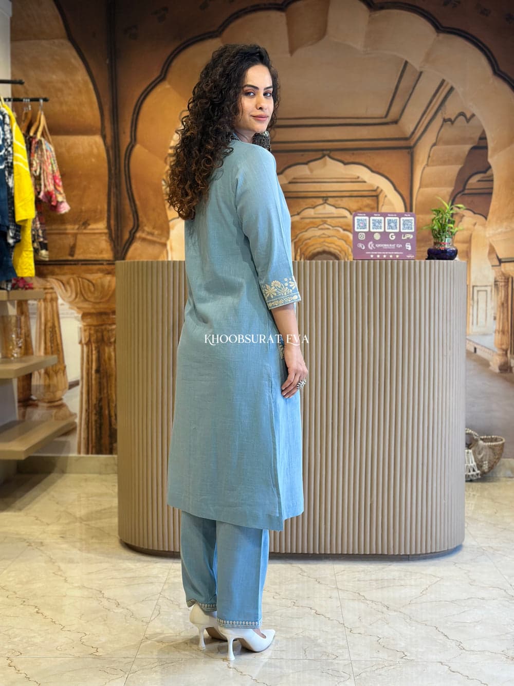 Grace in Blue: Timeless Elegance with Delicate Embroiderd