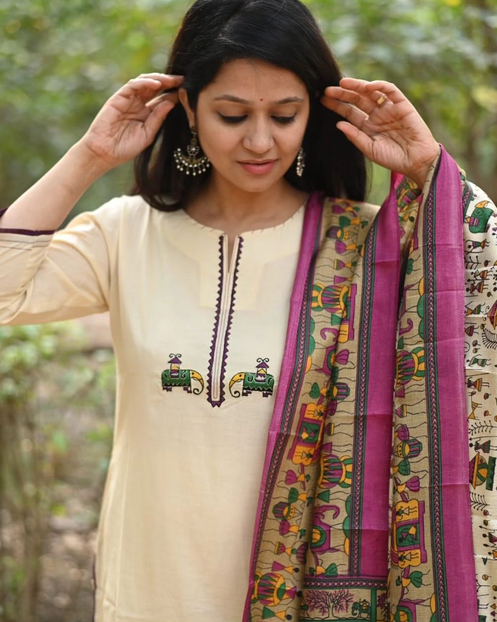 Cream Cotton Kurta Set with Tribal Embroidered Motif and Madhubani Print Dupatta