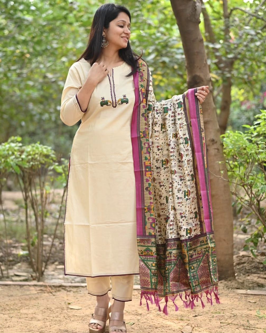 Cream Cotton Kurta Set with Tribal Embroidered Motif and Madhubani Print Dupatta