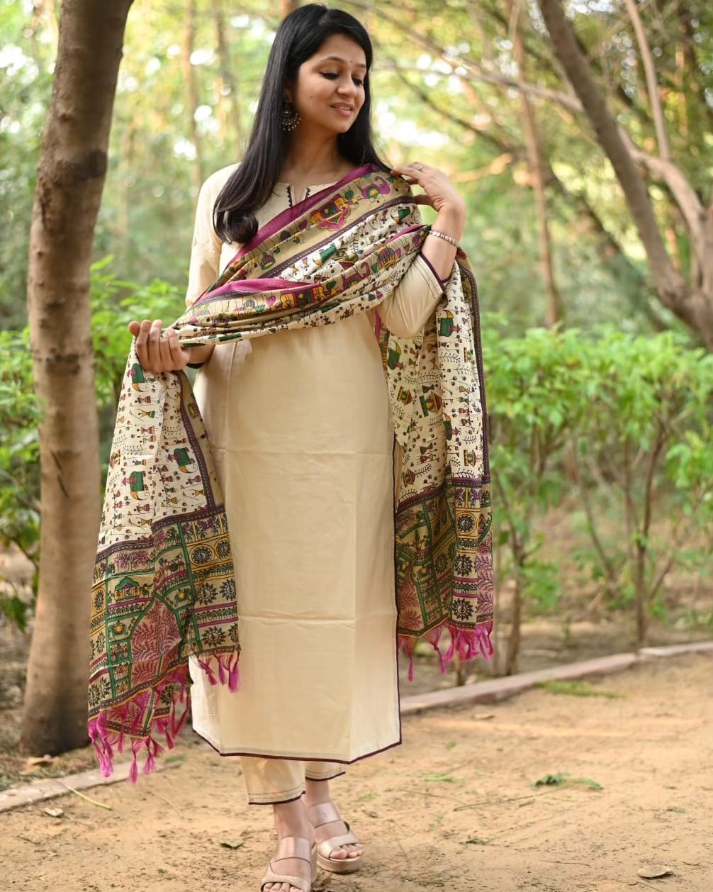 Cream Cotton Kurta Set with Tribal Embroidered Motif and Madhubani Print Dupatta