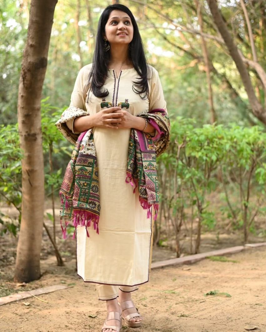 Cream Cotton Kurta Set with Tribal Embroidered Motif and Madhubani Print Dupatta