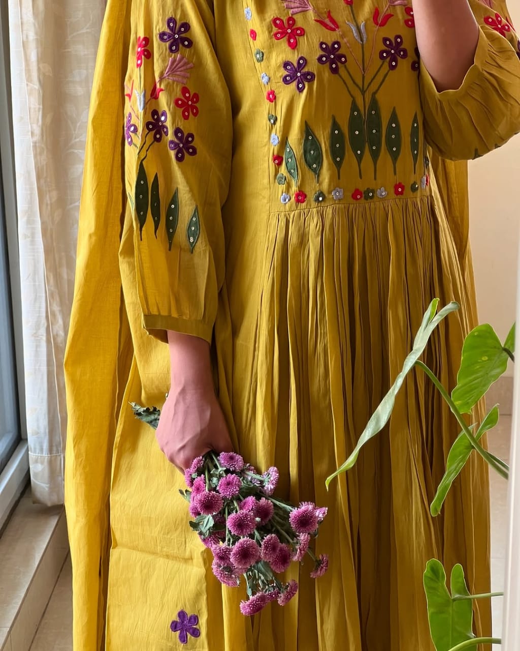 Handcrafted Adda Work Cotton Kurti with Pant & Fine Malmal Dupatta
