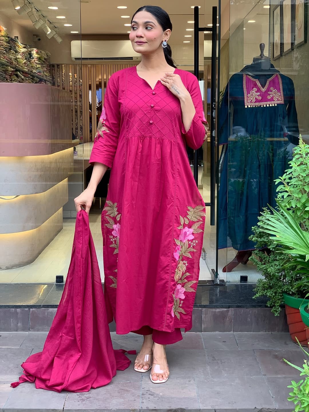 Embroidered Straight A-Line Kurta with One-Side Pocket