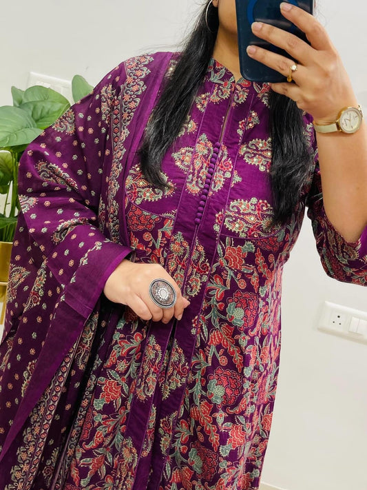 Purple Heritage Ajrakh Print Anarkali Kurti with Dupatta