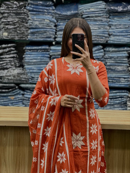 Rust Orange Cotton Printed 3-Piece Suit with Star Motif Design