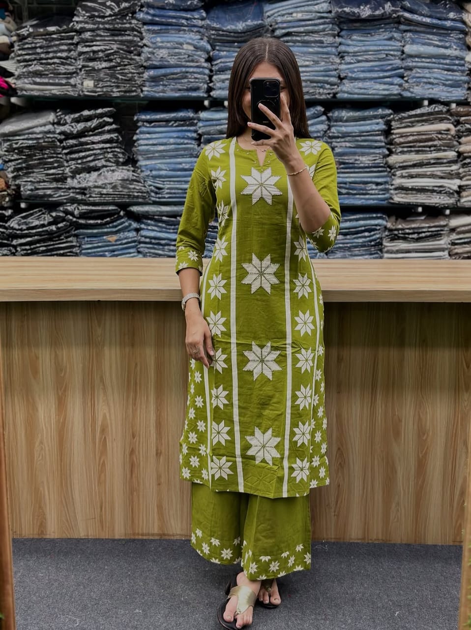 Olive Green Cotton Printed 3-Piece Suit with White Floral Motifs
