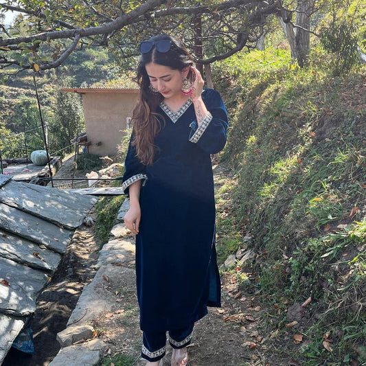 Navy Blue Velvet Kurta Set with White Embroidery