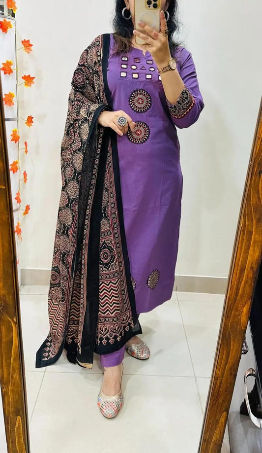 Purple Kurta Pant Set with Printed Dupatta for Women | Festive Ethnic Suit Set