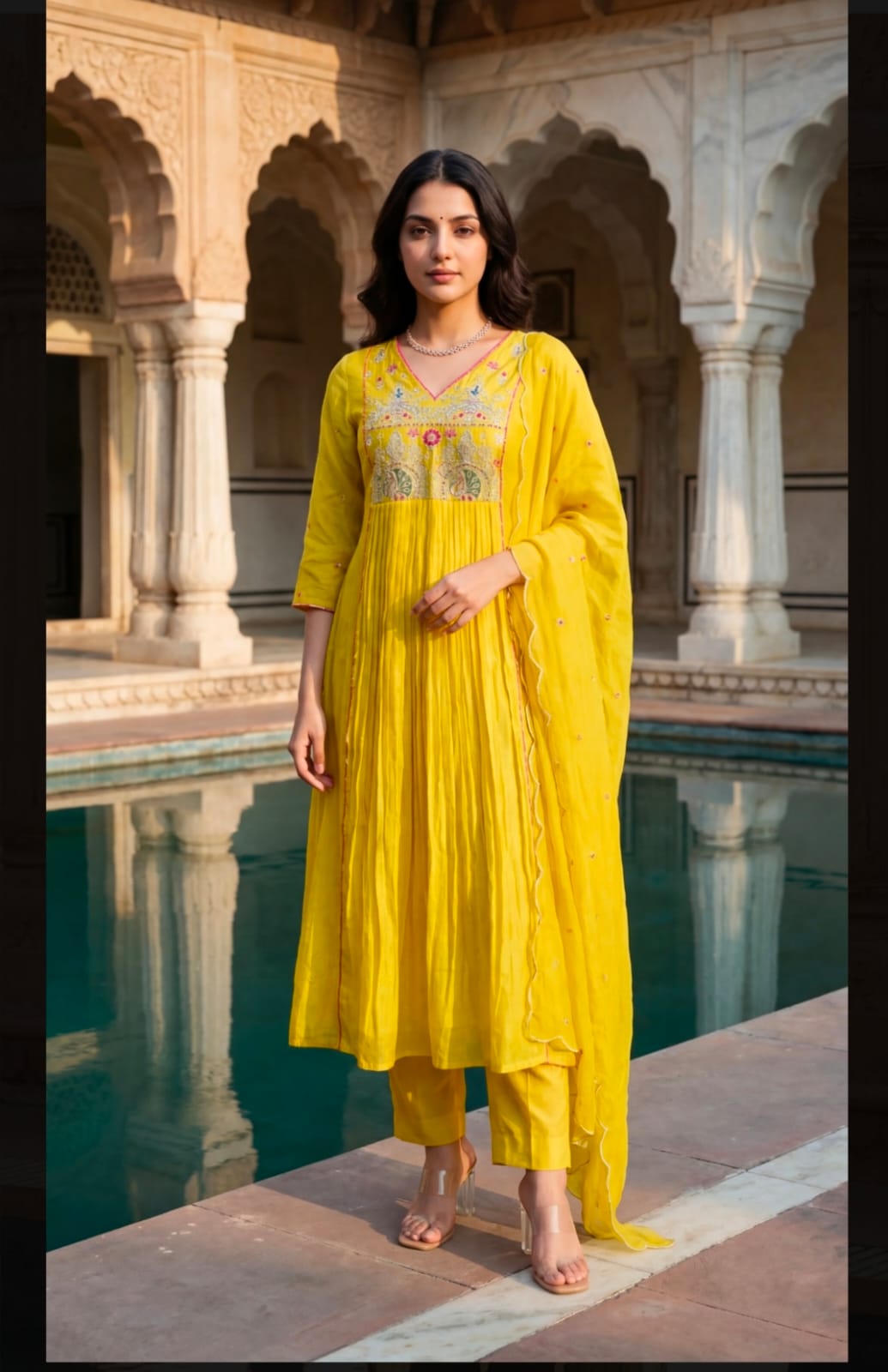 Premium Mul Chanderi Anarkali Suit Set in Yellow with Zari Detailing & Dupatta
