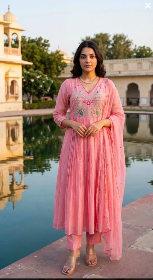 Premium Mul Chanderi Anarkali Suit Set in Pink with Zari Detailing & Dupatta