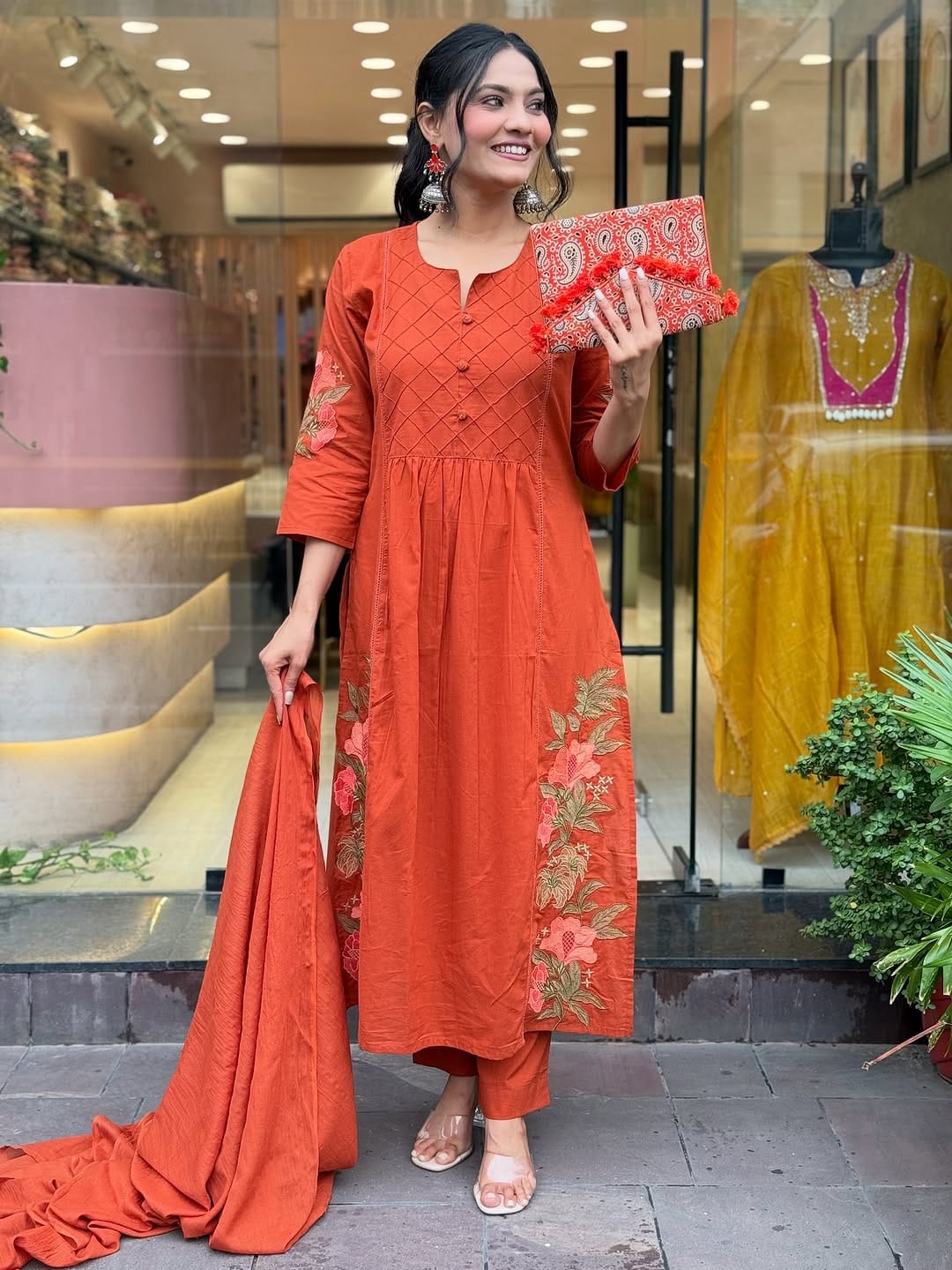 Embroidered Straight A-Line Kurta with One-Side Pocket