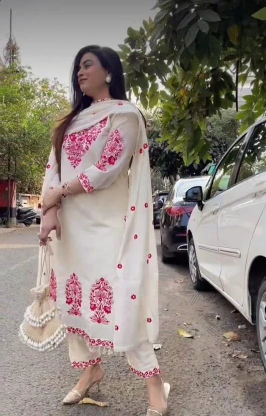 White Embroidered Cotton Kurta and Pant Set with Dupatta