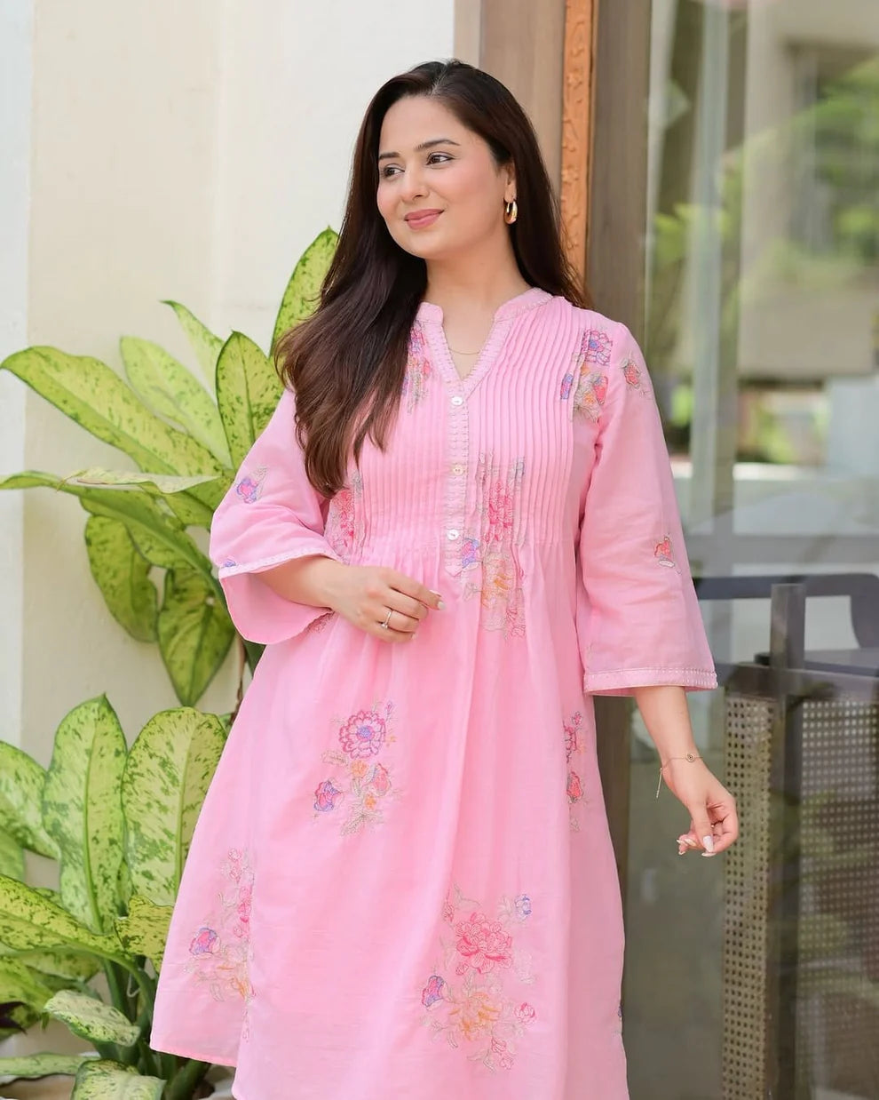 Pink A-line mulmul cotton kurta set with a plazo