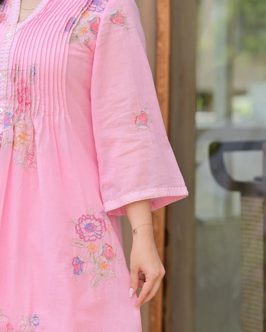 Pink A-line mulmul cotton kurta set with a plazo
