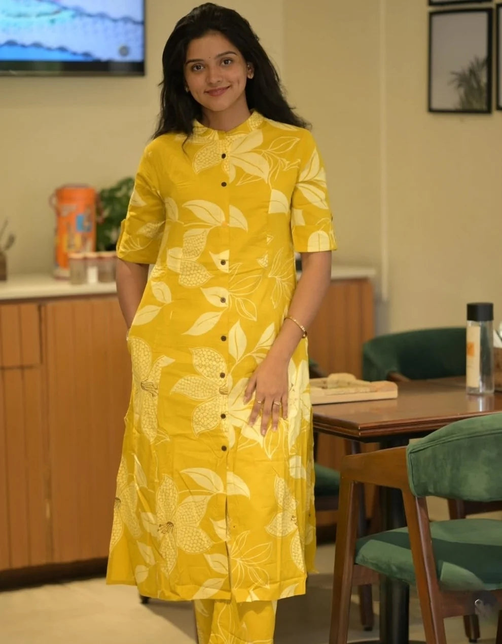 Women'S Cotton Yellow Floral Print Co-Ords Set