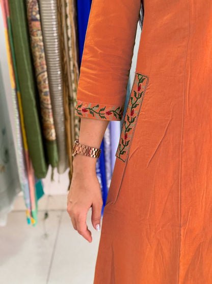 Elegant Orange Cotton Embroidered Kurta Set